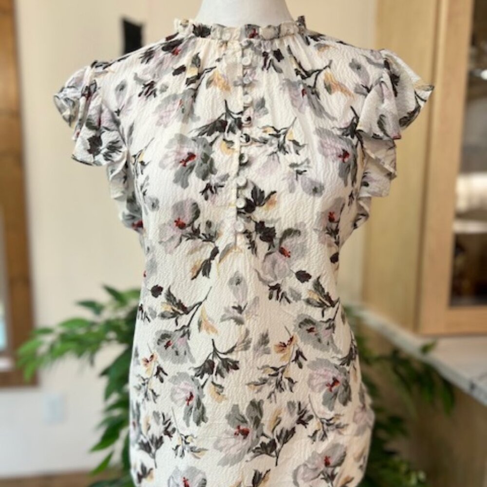 Rebecca Taylor Flutter Sleeve Silk Blouse, size 4, pale pink/cream/floral
